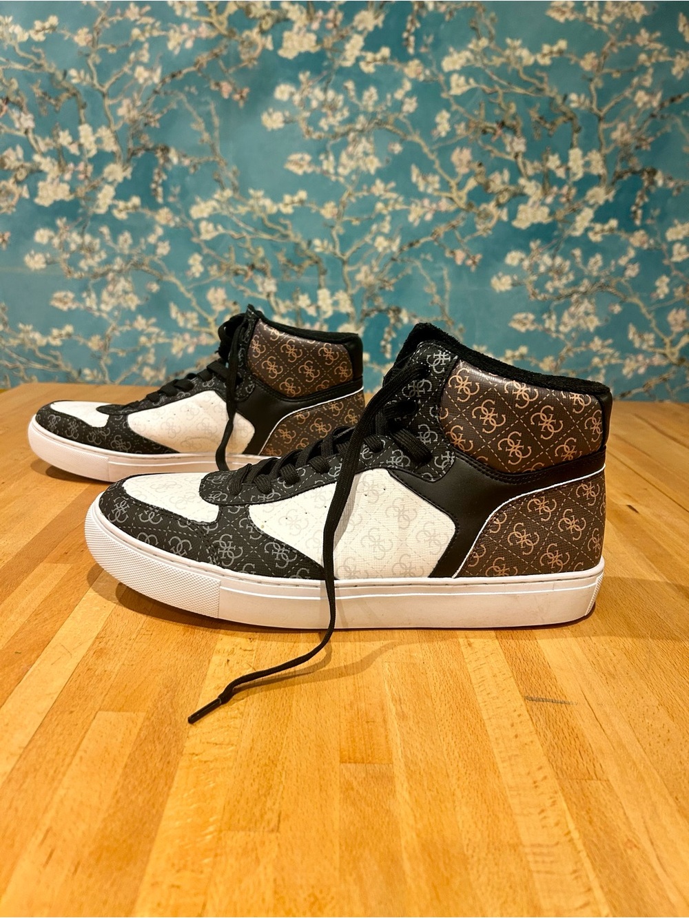 Guess Men's High-Top Sneakers in Black, White and Brown Monogram